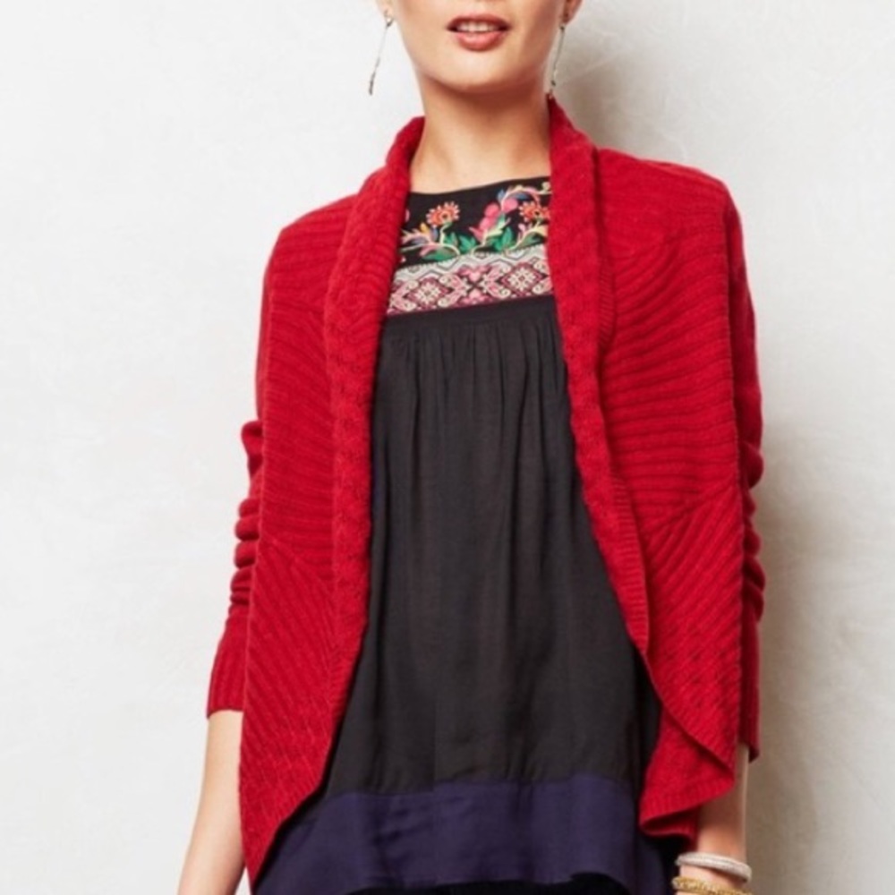 Anthro Knitted Knotted Red Cardigan Sweater - Picture 2 of 5